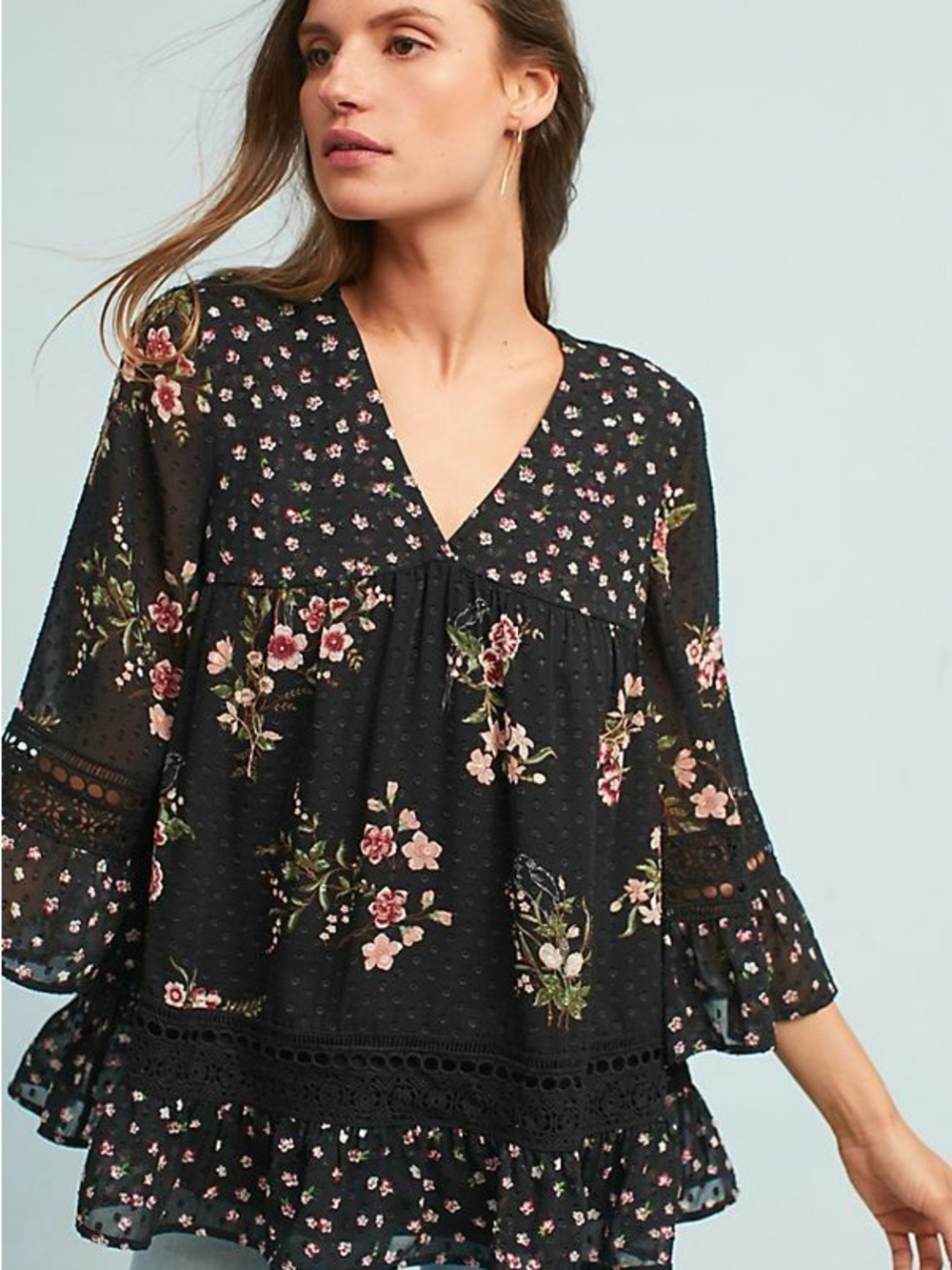 Maeve Black Floral Lace-Trim V-Neck Peasant Top